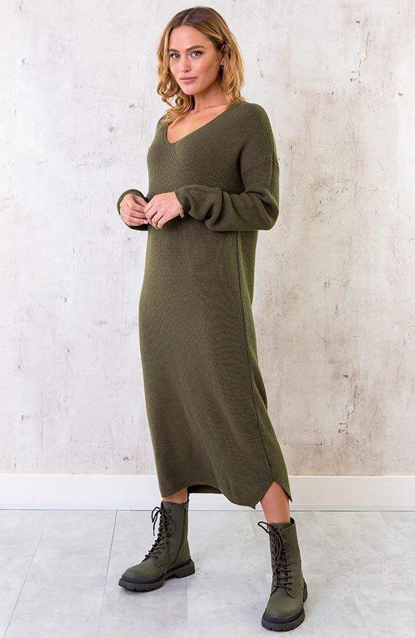 Gebreide-Jurk-Met-V-hals-Army-4