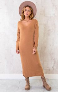Gebreide-Jurk-Met-V-hals-Camel-2