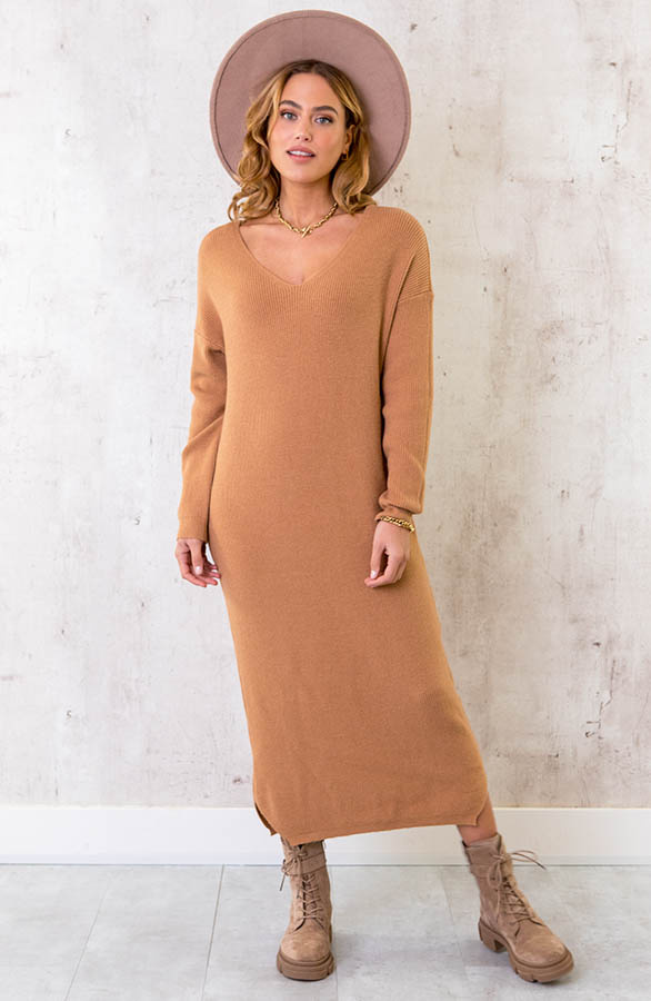 Gebreide-Jurk-Met-V-hals-Camel-2