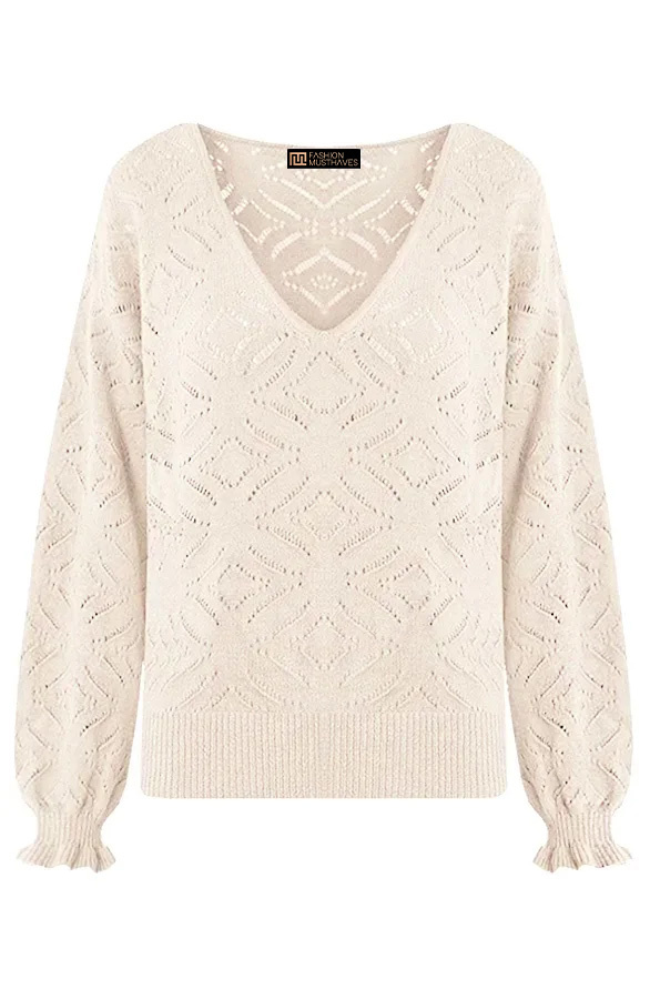 V-hals-Trui-Gehaakt-Creme