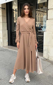 Maxi-Jurk-Smocked-V-hals-Camel-1