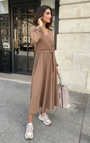 Maxi-Jurk-Smocked-V-hals-Camel