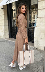 Maxi-Jurk-Smocked-V-hals-Camel-2