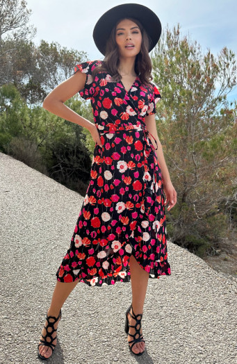 Schwarzes geblümtes Midikleid