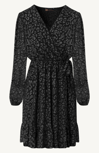 Luxuriöses Kleid mit V-Ausschnitt, Leopardenmuster, Silber