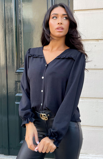 Rüschenbluse mit Puffärmeln, Schwarz
