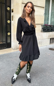 Ruffle-V-Hals-Jurk-Zwart-5