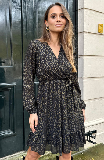 Luxuriöses Kleid mit V-Ausschnitt, Leopardenmuster, Gold