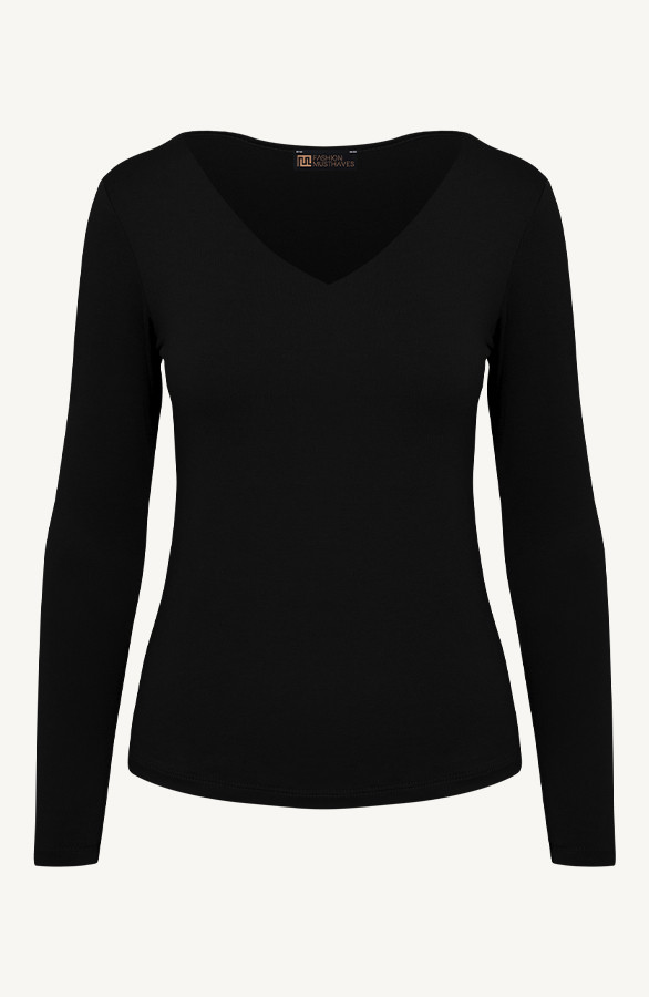 Essence-Long-Sleeve-V-Neck-Zwart