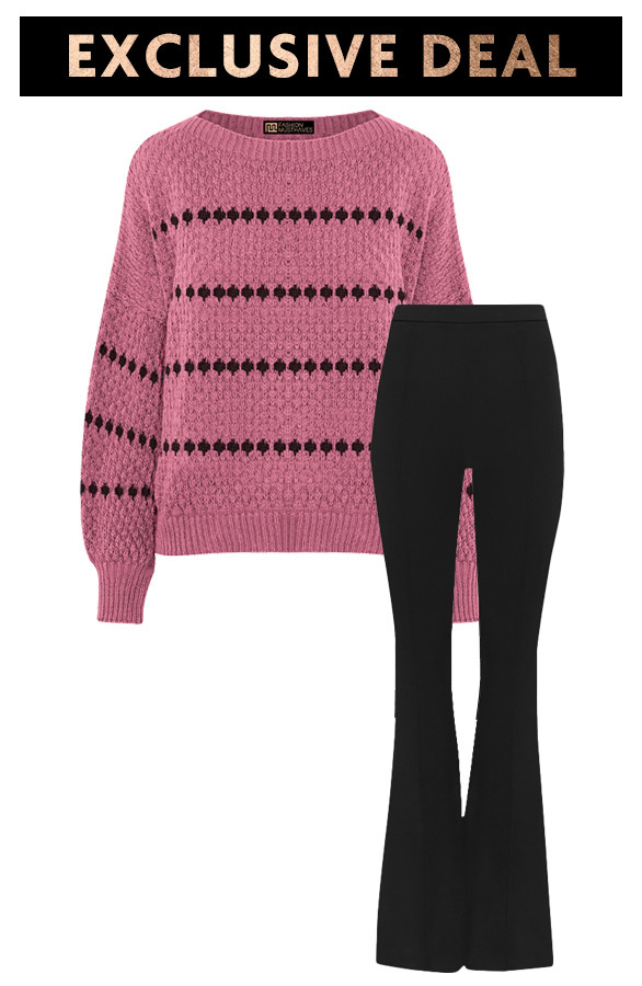 Oversized-stipjes-trui-Detailed-Flared-Broek-Zwart