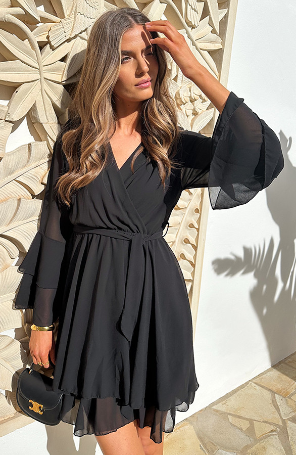 Chiffon-Ruffle-V-hals-Jurk-Zwart-1