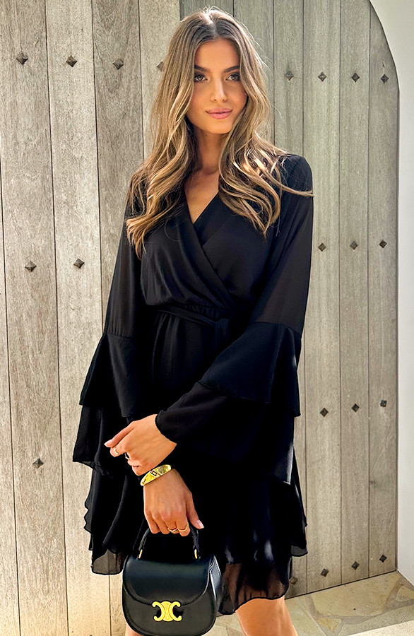 Chiffon-Ruffle-V-hals-Jurk-Zwart-648-6
