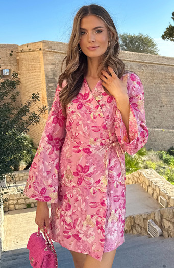 Jacquard-Kleid mit weiten Ärmeln in Fuchsia