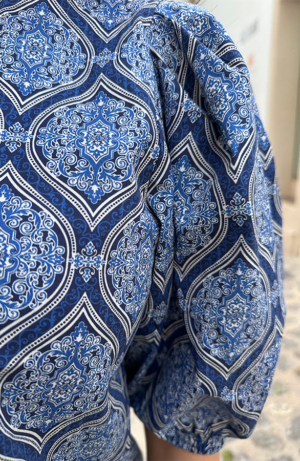 Katoenen-Paisley-Pofmouwen-Blouse-Navy