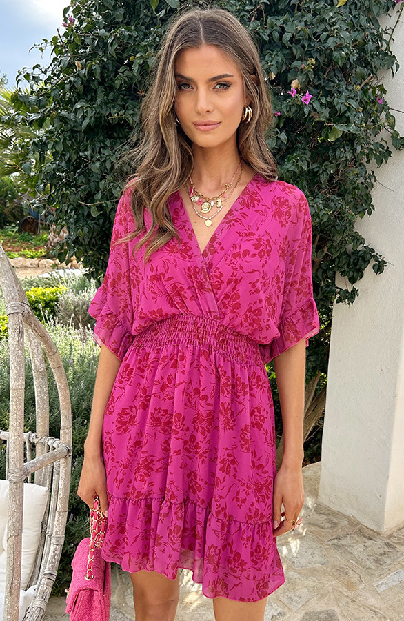 Ruffle-Laagjes-Jurk-Floral-Fuchsia-2