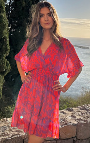 Ruffle-Laagjes-Jurk-Print-Oranje-Lila-1