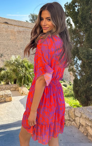 Ruffle-Laagjes-Jurk-Print-Oranje-Lila-3