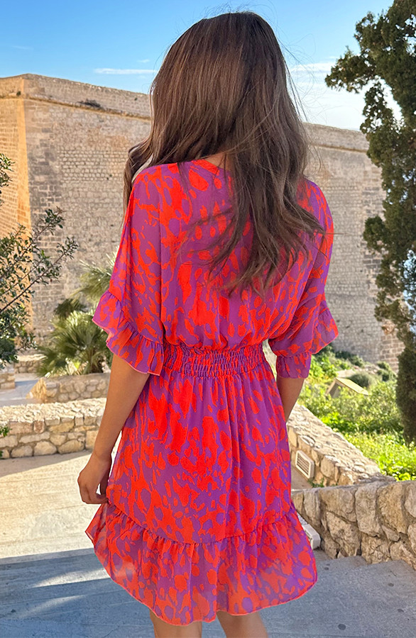 Ruffle-Laagjes-Jurk-Print-Oranje-Lila-4