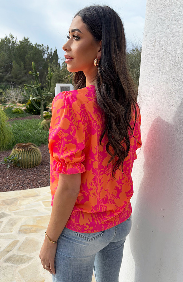 Ruffle-Top-Met-Pofmouwen-Print-Fuschia-Oranje-2