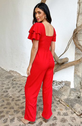 Scuba-Jumpsuit mit Rüschenärmeln, Rot