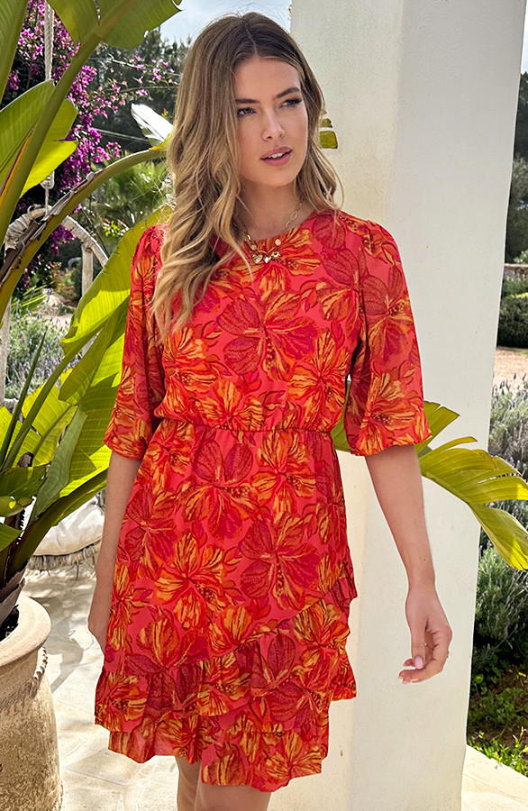 Pofmouw-Ruffle-Jurk-Flower-Koraal-4