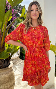 Pofmouw-Ruffle-Jurk-Flower-Koraal-5