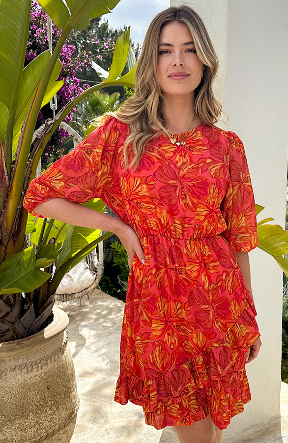 Pofmouw-Ruffle-Jurk-Flower-Koraal-5