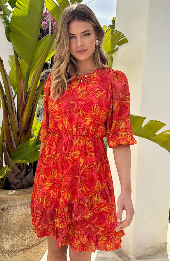 Pofmouw-Ruffle-Jurk-Flower-Koraal-6