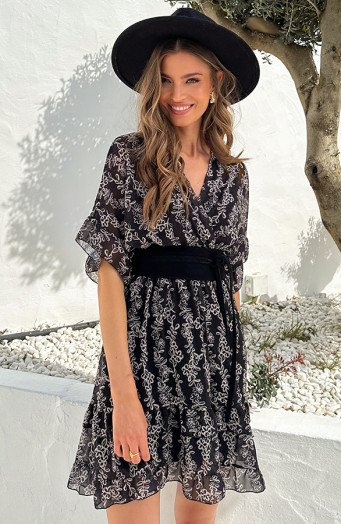 Rüschenkleid mit Lagenmuster, Lulu Print, Schwarz