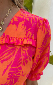 Ruffle-Top-Met-Pofmouwen-Print-Fuschia-Oranje