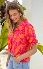 Ruffle-Top-Met-Pofmouwen-Print-Fuschia-Oranje-4-1