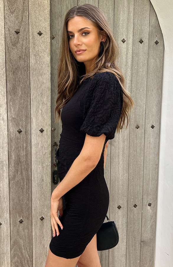 Textured-Pofmouwen-Jurk-Zwart-2