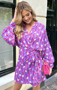 Cotton-Wrap-Jurk-Flower-Print-Paars-1-3