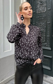 V-hals-Bloemen-Blouse-Zwart-Wit-3