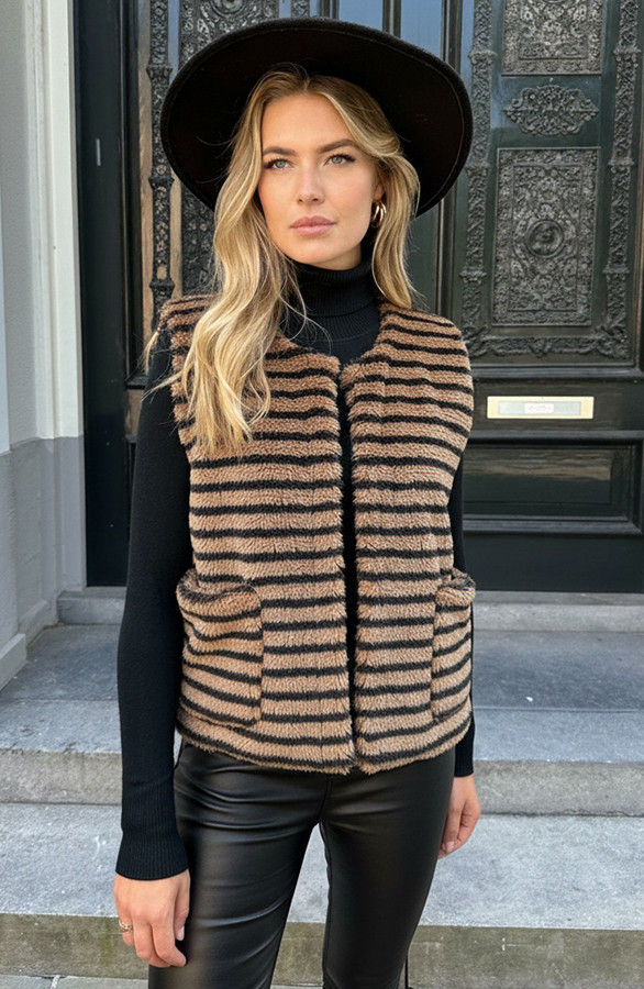Gilet-Pocket-Teddy-Stripe-Zwart-Camel-6-2
