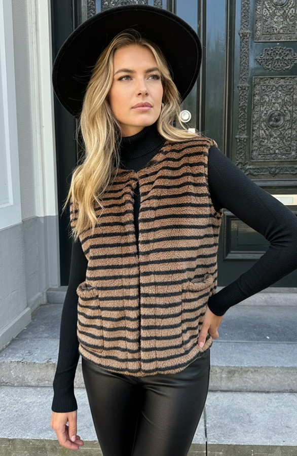 Gilet-Pocket-Teddy-Stripe-Zwart-Camel-6-3