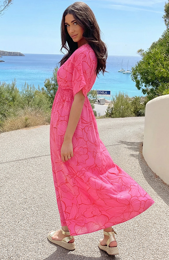 Maxi-Dress-Colorful-Print-Fuchsia-Red-1