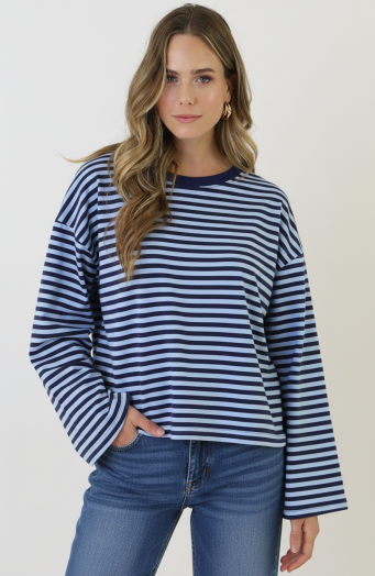 Oversized-Streifentop aus Baumwolle, Marineblau/Hellblau