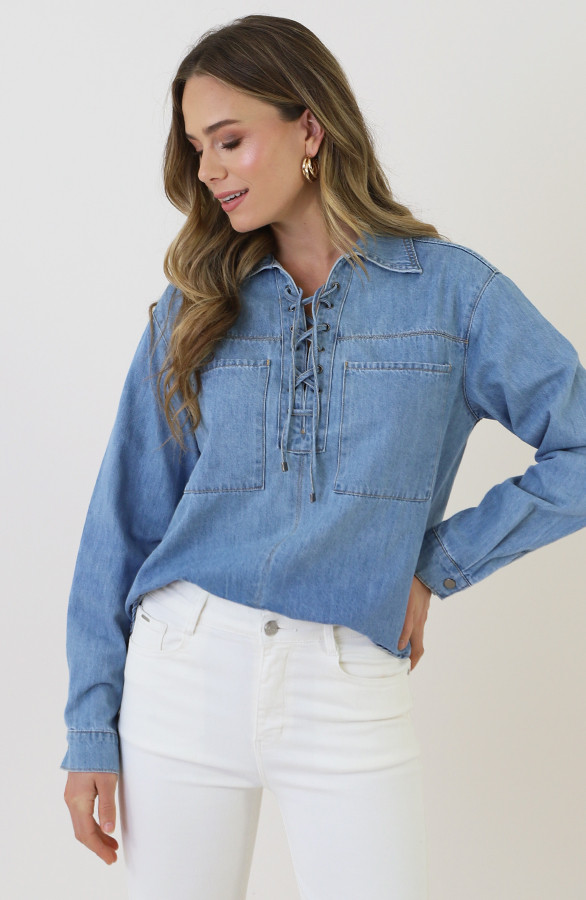 Lace-up-Cotton-Blouse-Blue-5
