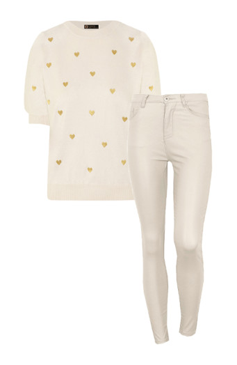 Must-have-Angebot: Komplettes Strickset mit Herzen, Oberteil in Beige und Gold