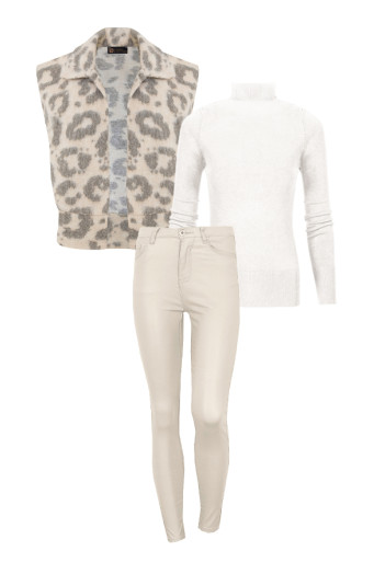 Must-have-Angebot: Komplettes Set aus übergroßer, gewebter Weste mit Leopardenmuster in Beige.