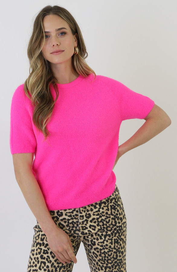 Oversized-Soft-Trui-Korte-Mouw-Neon-Roze-4