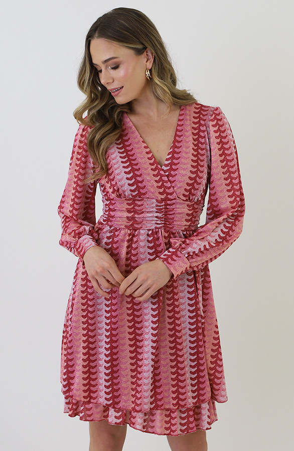 Smocked-Waistband-Lurex-Jurk-Roze-Rood-5