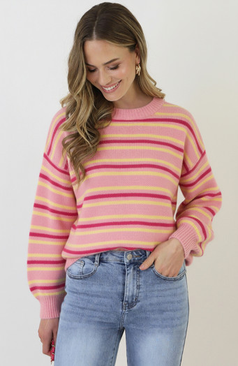 Gestreiftes Langarm-Strickshirt Tricolore Roze
