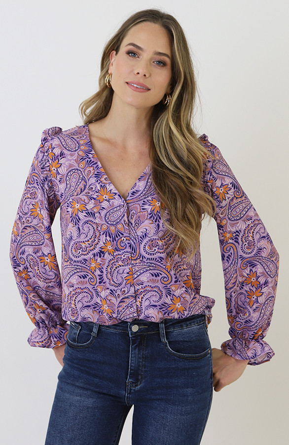 V-hals-Knopen-Blouse-Paisley-Lila-2