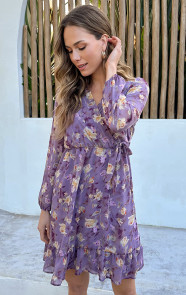 Flower-Chiffon-Ruffle-Jurk-Paars-5