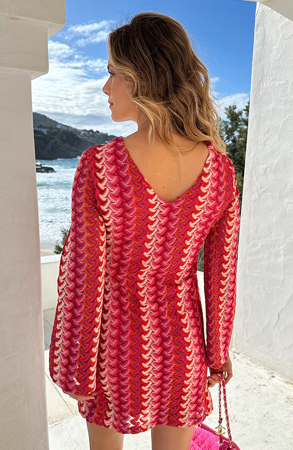 Knitted-Flared-Sleeve-Jurk-Roze-3