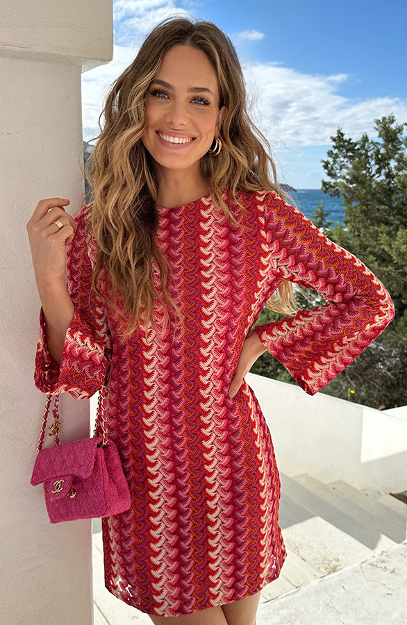 Knitted-Flared-Sleeve-Jurk-Roze