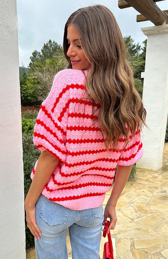 Knitted-Striped-Short-Sleeve-Top-Roze-1
