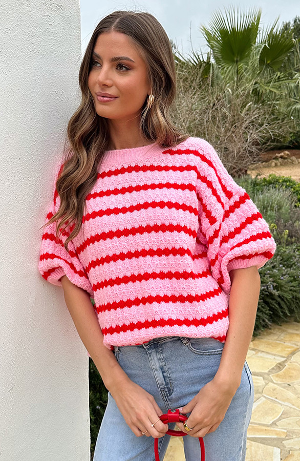 Knitted-Striped-Short-Sleeve-Top-Roze-2